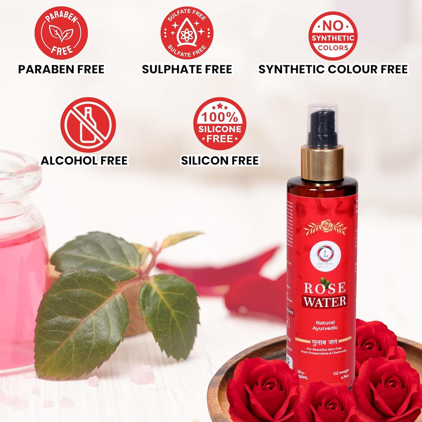 LYF GROW 100% Pure & Natural Gulab Jal – 200ml Rose Water Spray for Face, Skin & Hair | Tightens Pores, Balances pH, Hydrating Toner & Cleanser | Free from Alcohol, Paraben & Chemicals